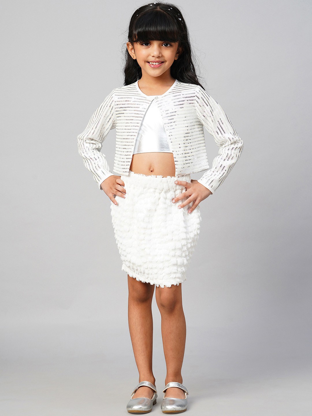 

LIL DRAMA Kids Lightweight Collarless Sequinned Open Front Jacket, White