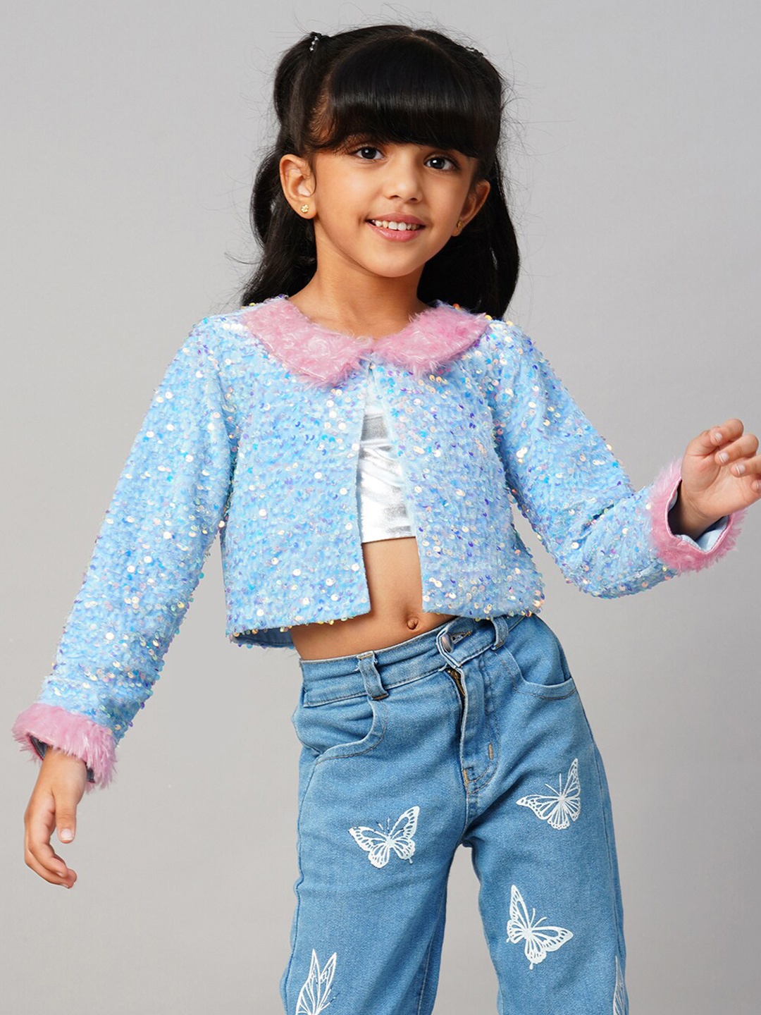 

LIL DRAMA Girls Sequinned Embellished Tailored Jacket, Blue