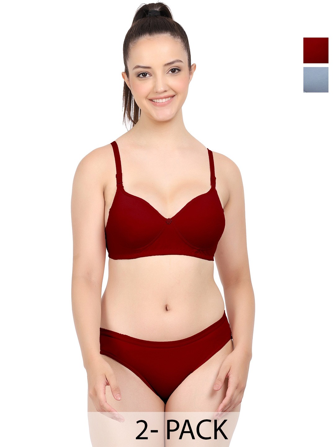 

PIBU Pack Of 2 Cotton Cotton Non Padded Bra & Mid-Rise Briefs, Blue