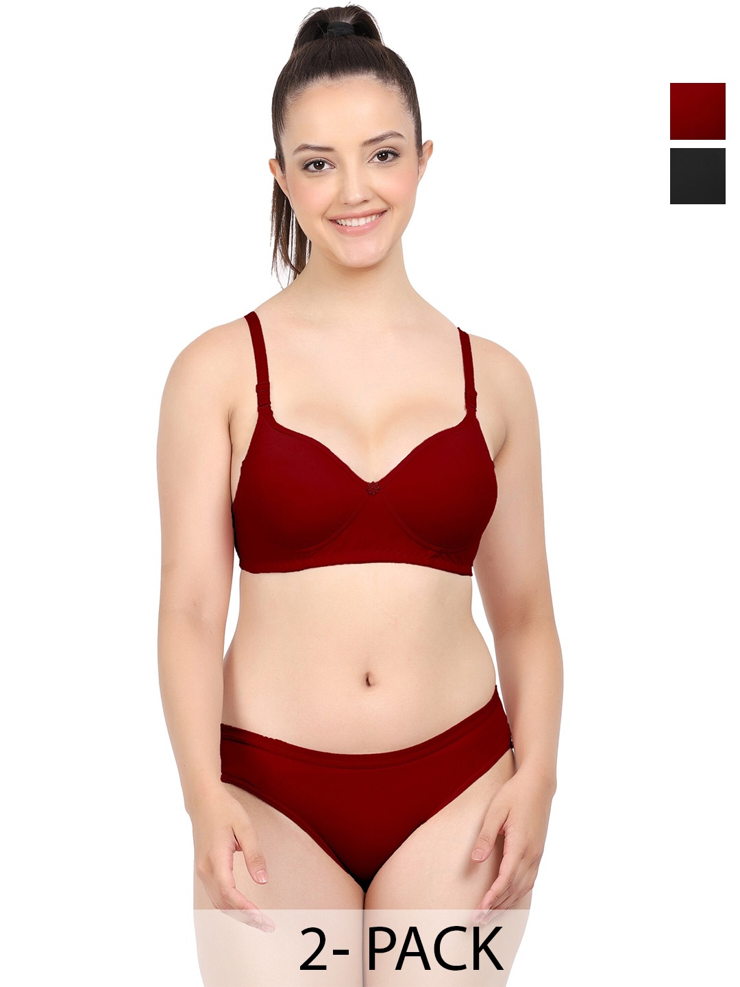 

PIBU Pack of 2 Non-Padded Cotton Lingerie Sets, Maroon