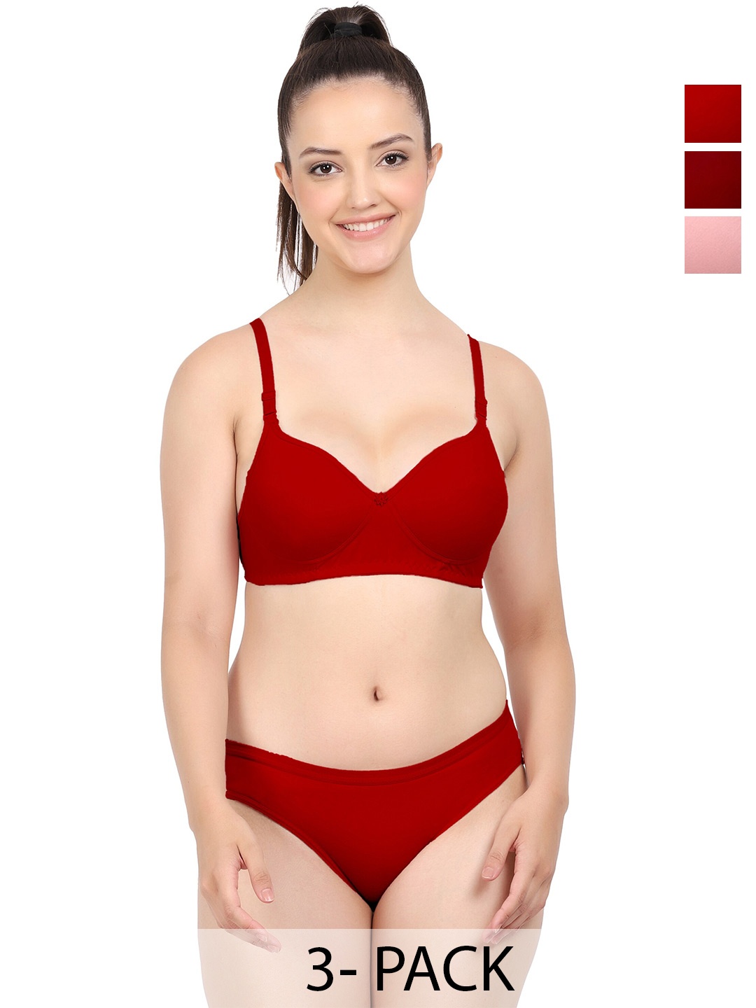 PIBU Pack of 3 Non Padded Cotton Lingerie Sets, Maroon