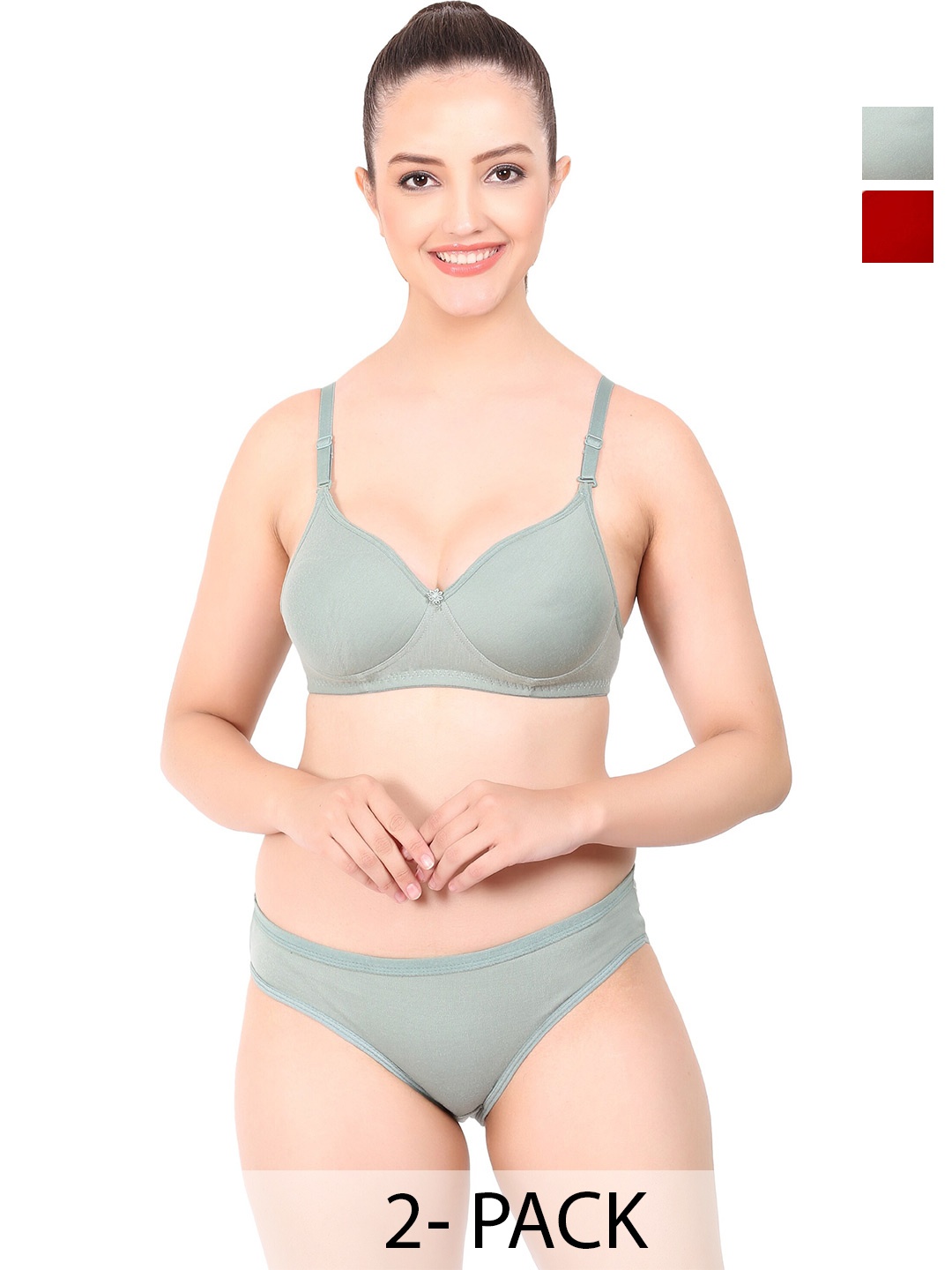 

PIBU Pack Of 2 Cotton Bra Panty Lingerie Set, Green