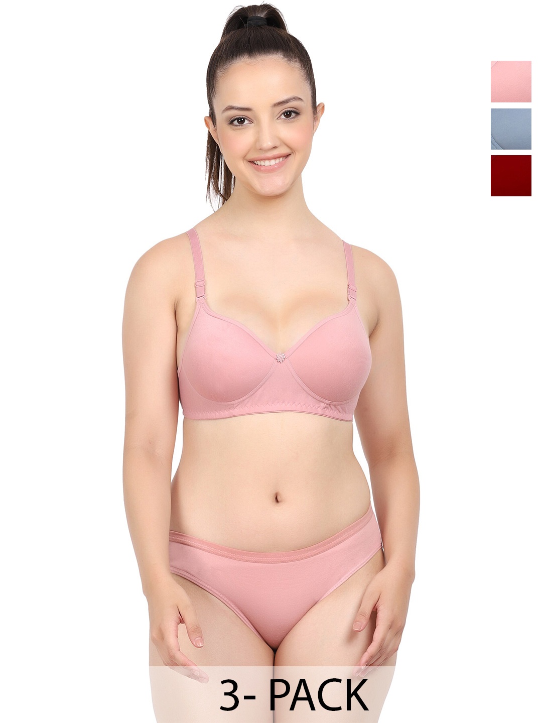 

PIBU Pack of 3 Cotton Non Padded Bra & Mid-Rise Briefs, Pink