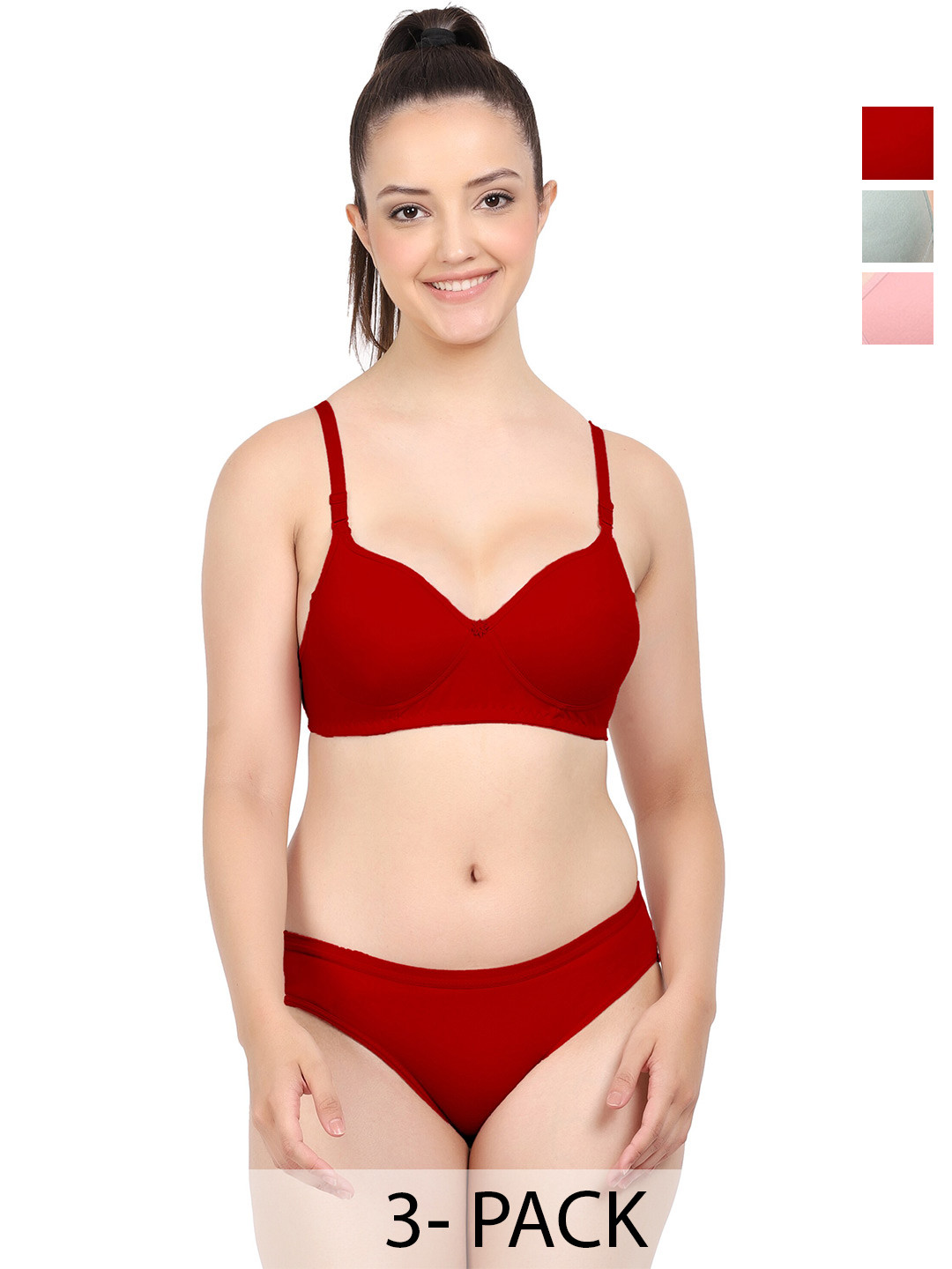 

PIBU Pack Of 3 Cotton Brief Lingerie Set F_K_Nisa Set_Red,Pink,Green