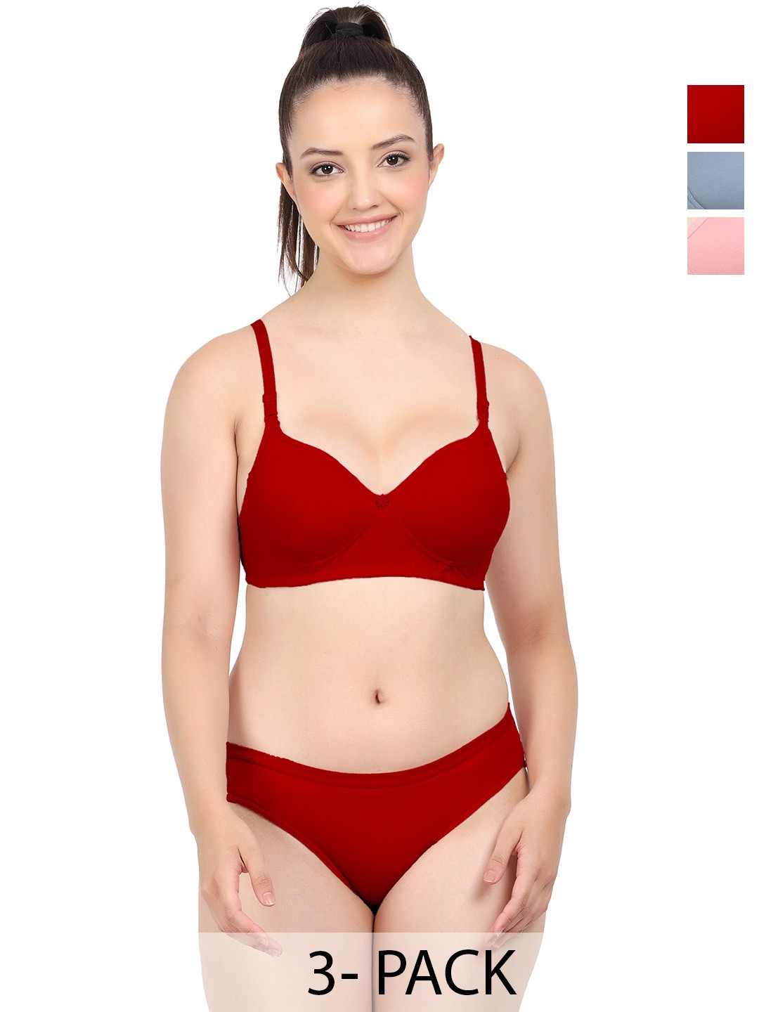 

PIBU Pack Of 3 Cotton Lingerie Set, Red