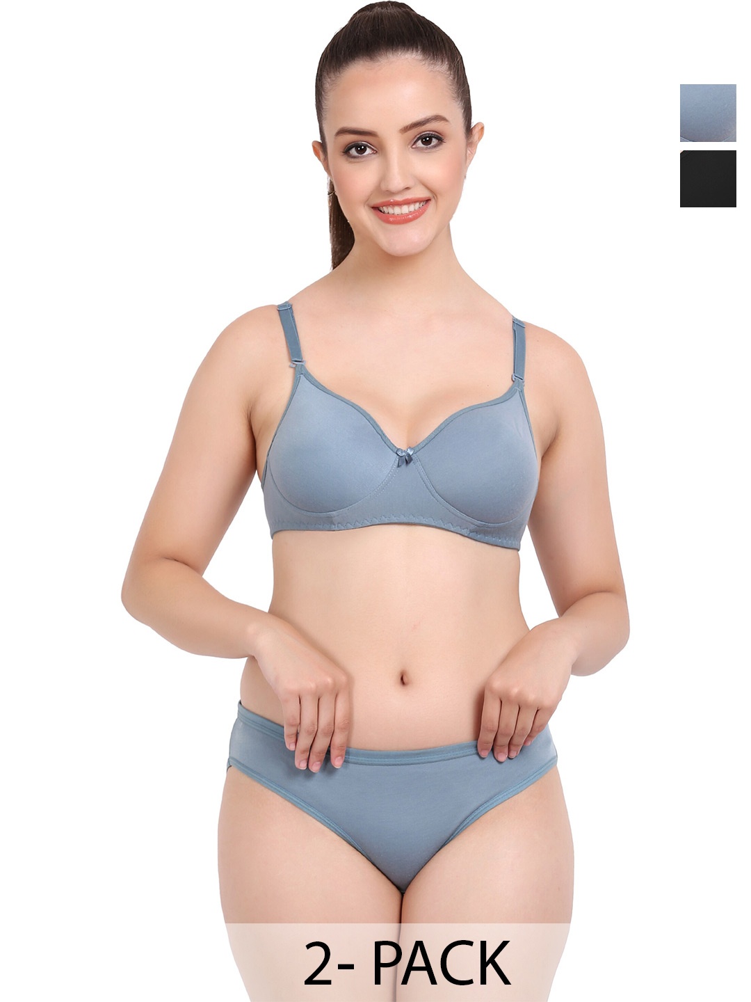 

PIBU Pack Of 2 Lightly Padded Cotton Lingerie Set, Blue