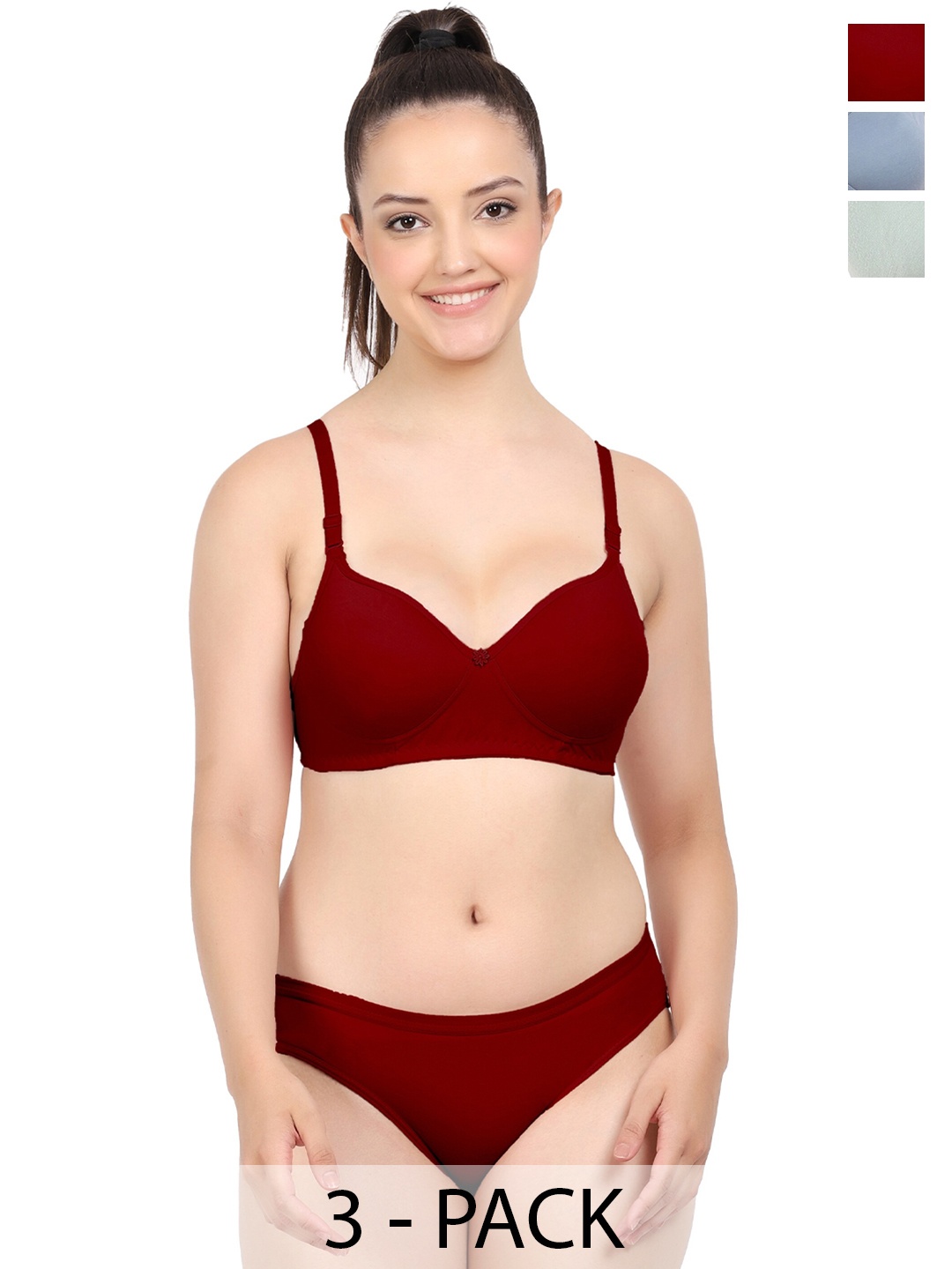 

PIBU Pack Of 3 Cotton Non Padded Bra & Mid-Rise Briefs, Maroon