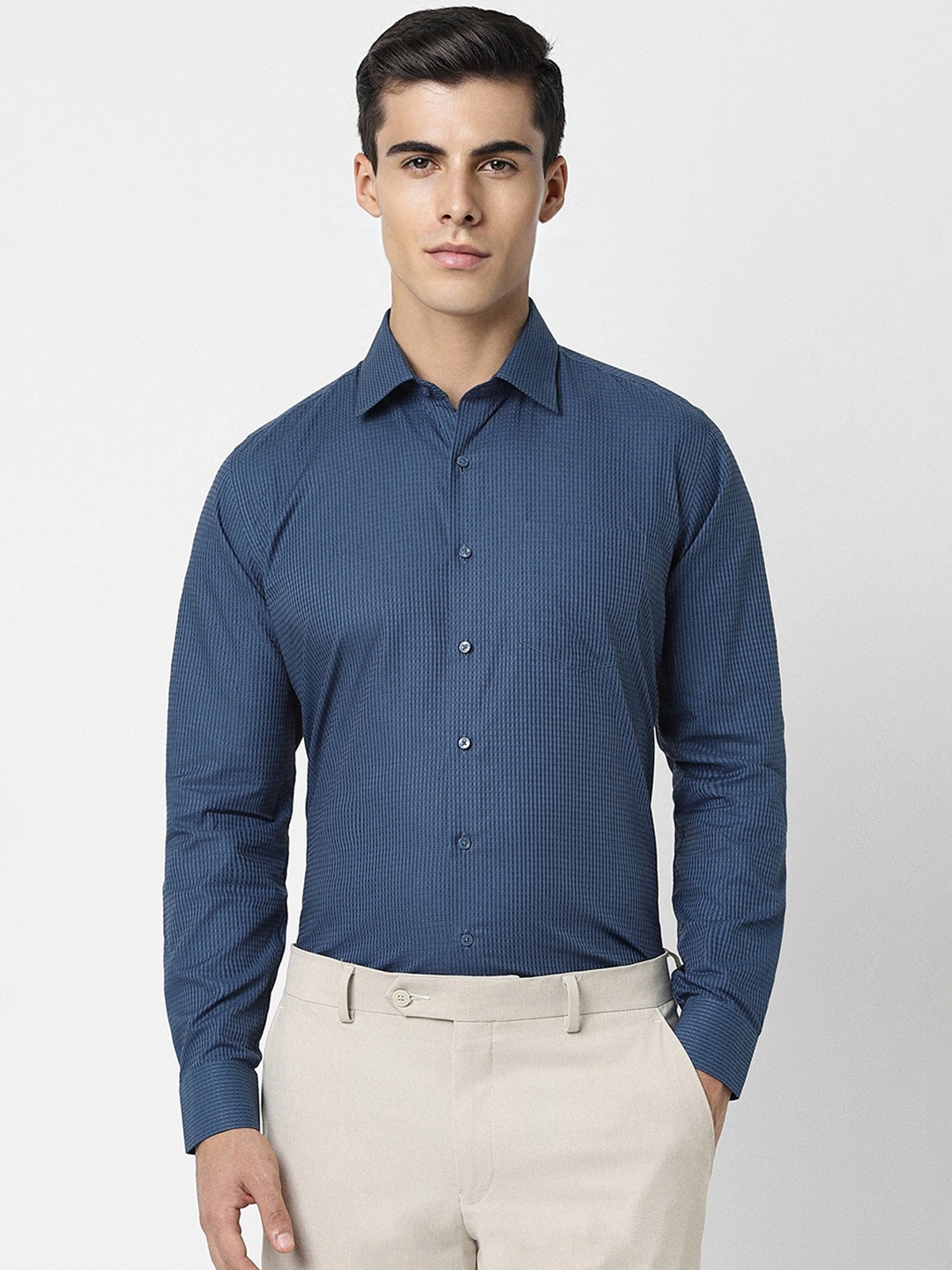 

Van Heusen Self Design Textured Slim Fit Opaque Cotton Formal Shirt, Blue