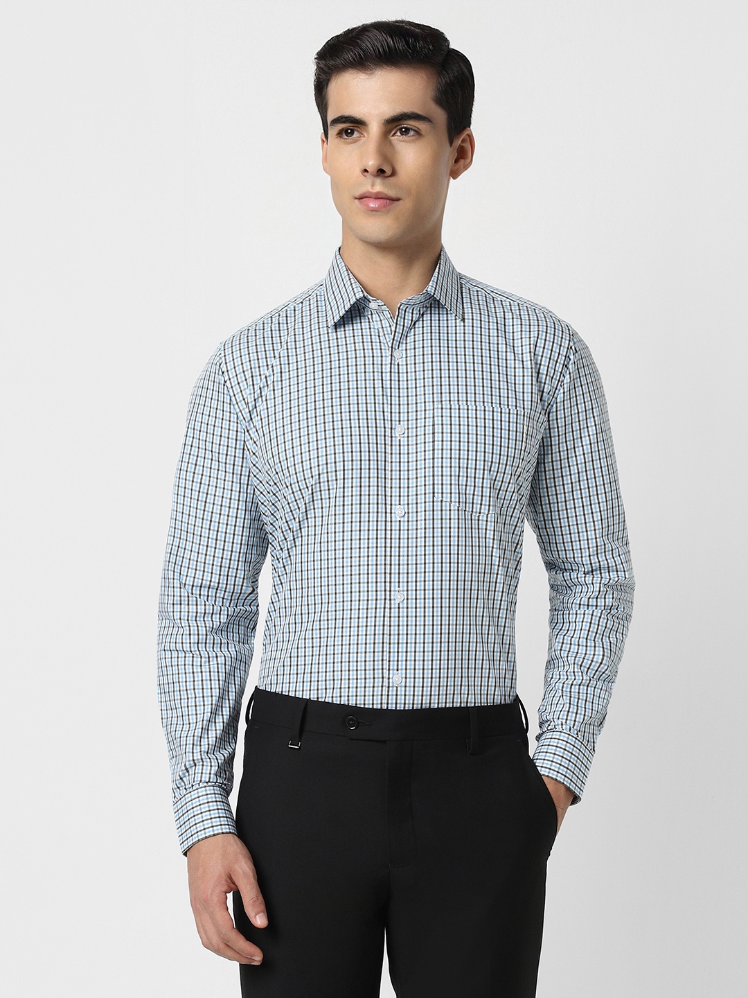 

Van Heusen Men Blue Opaque Checked Formal Shirt