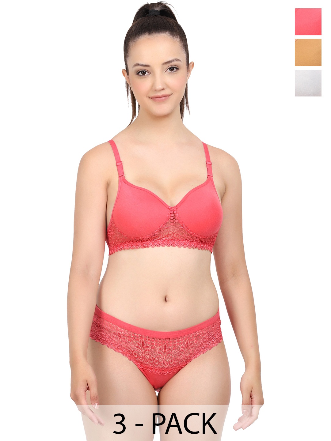 

PIBU Pack Of 3 Cotton Lingerie Set, Red