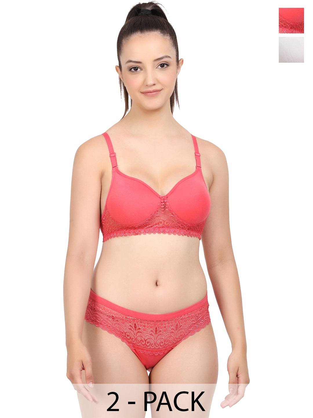 

PIBU Pack Of 2 Lightly Padded Cotton Lingerie Set, Red
