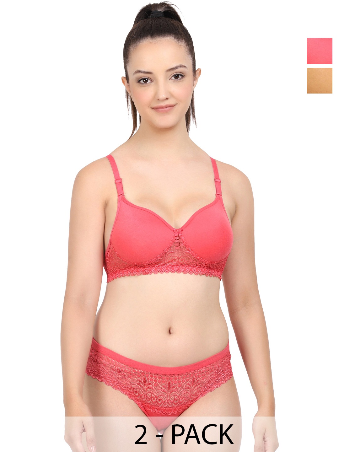 

PIBU Pack Of 2 Mid-Rise Cotton Bra & Panty Set, Red