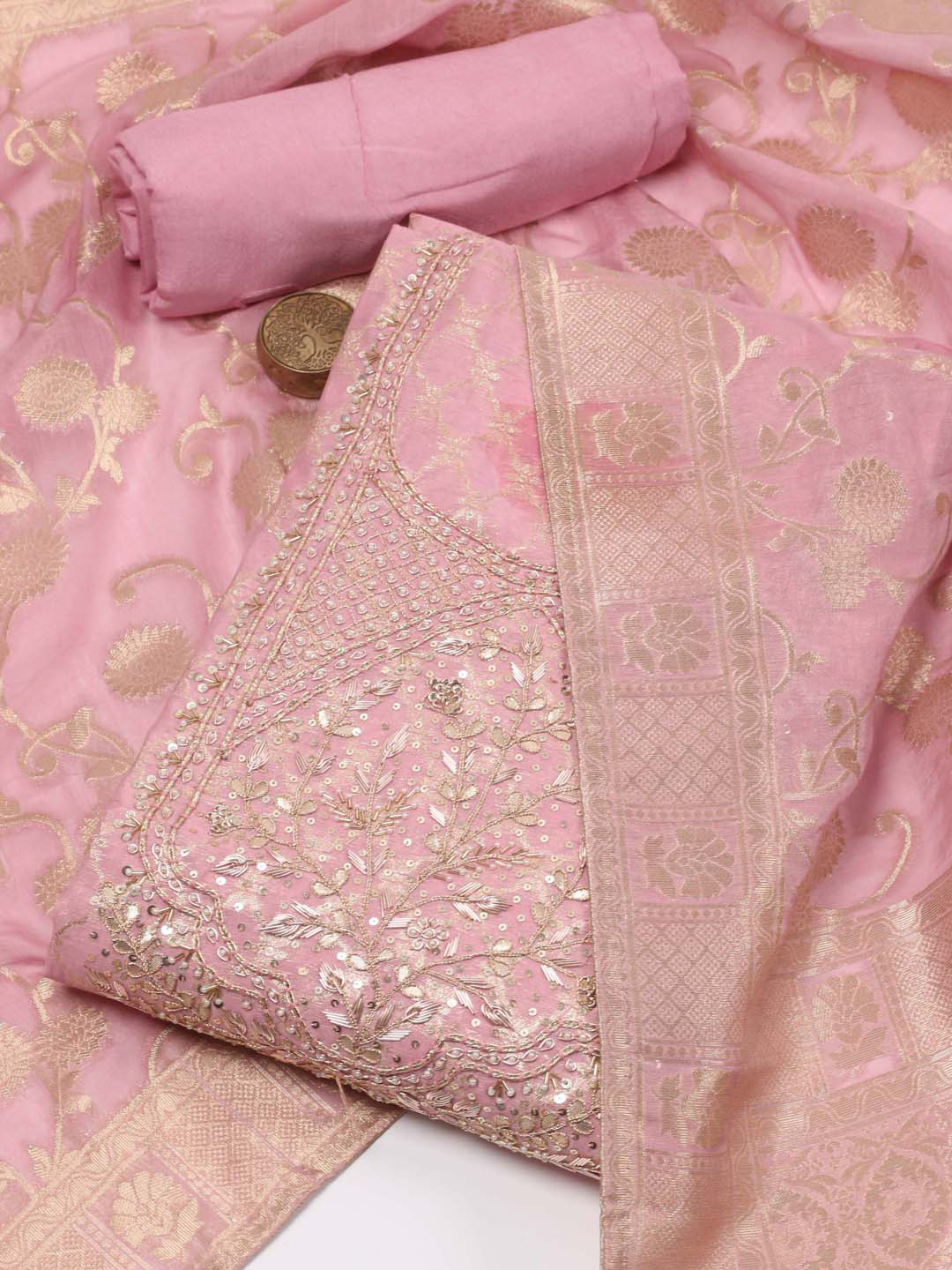 

Meena Bazaar Floral Woven Designed Beads & Stones Unstitched Dress Material, Pink