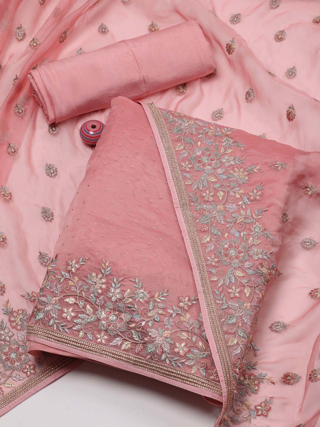 

Meena Bazaar Embroidered Organza Unstitched Dress Material, Peach