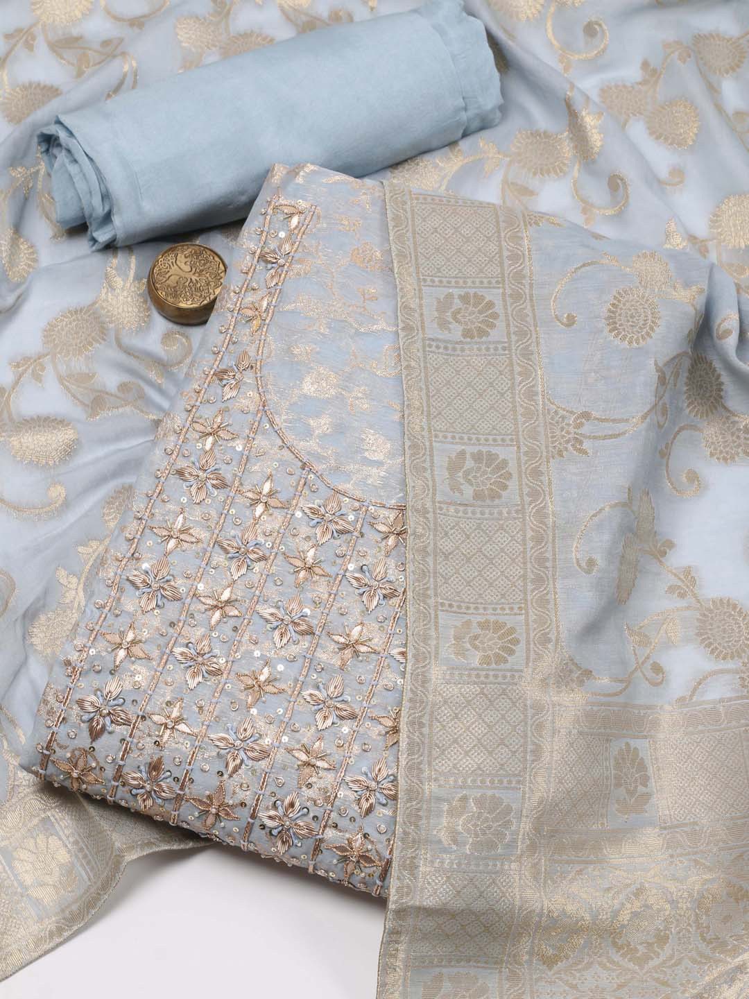 

Meena Bazaar Floral Woven Designed Beads & Stones Unstitched Dress Material, Grey