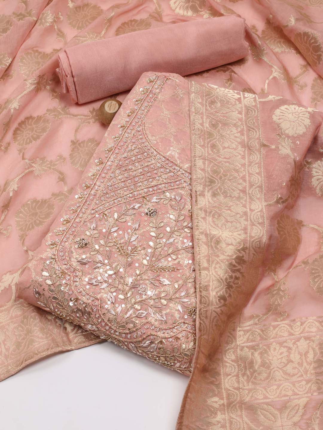 

Meena Bazaar Floral Woven Design Beads and Stones Unstitched Dress Material, Peach