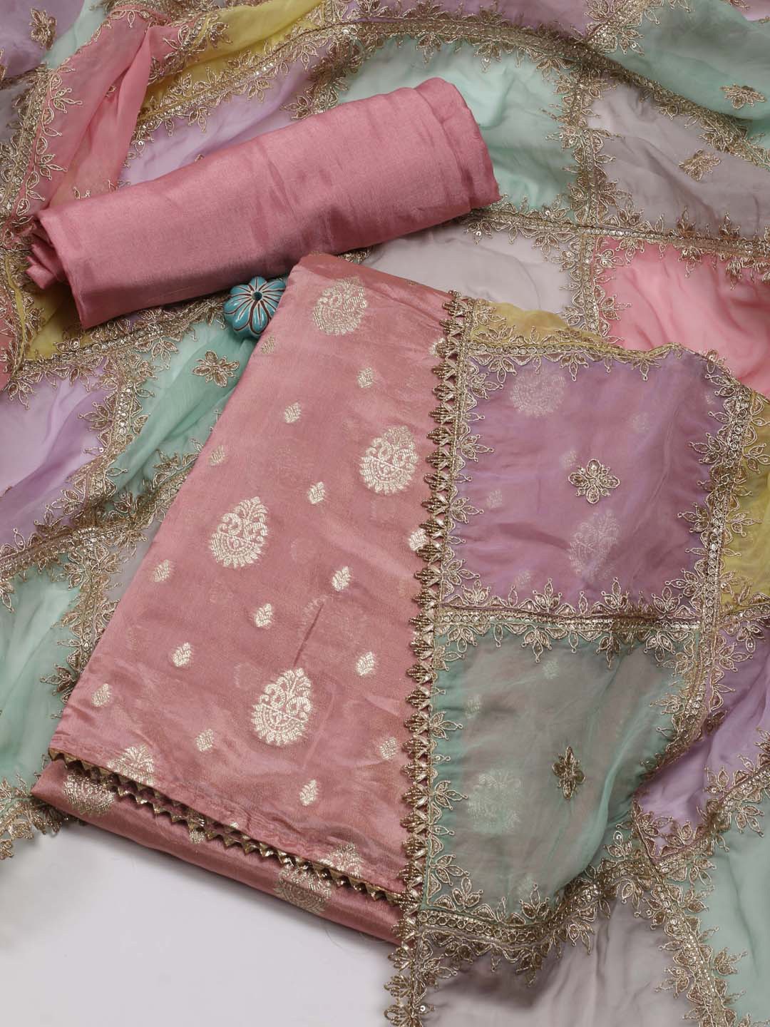

Meena Bazaar Ethnic Motif Woven Design Zari Unstitched Dress Material, Pink