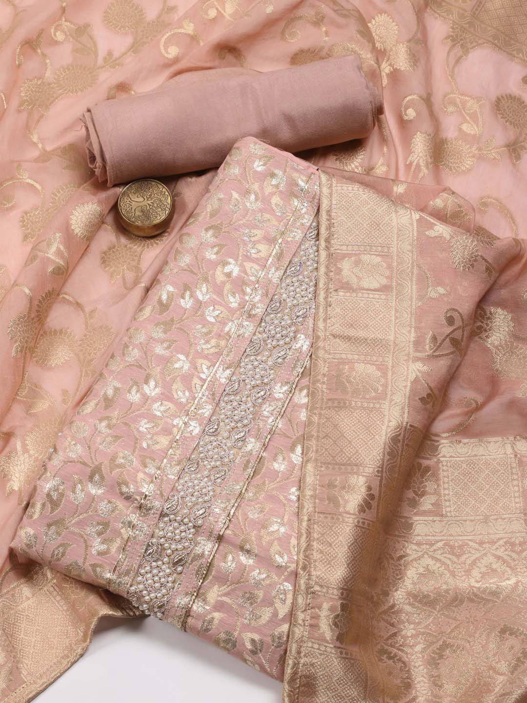 

Meena Bazaar Floral Woven Design Beads and Stones Unstitched Dress Material, Pink