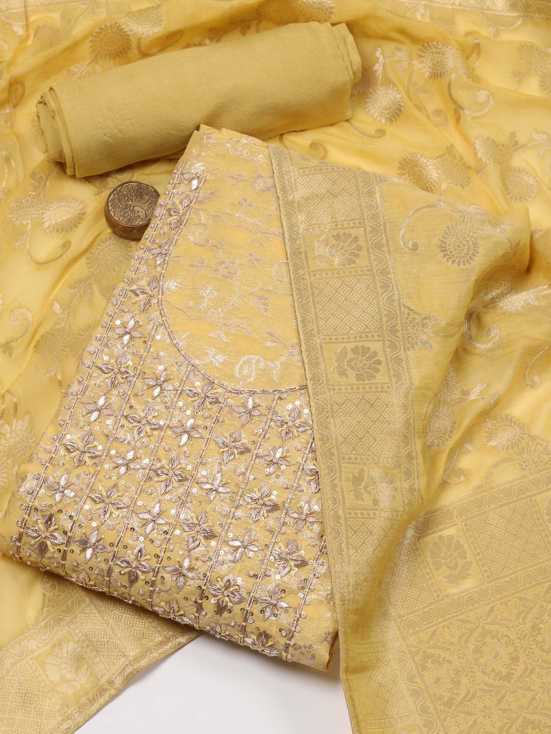 

Meena Bazaar Floral Woven Design Beads and Stones Unstitched Dress Material, Yellow