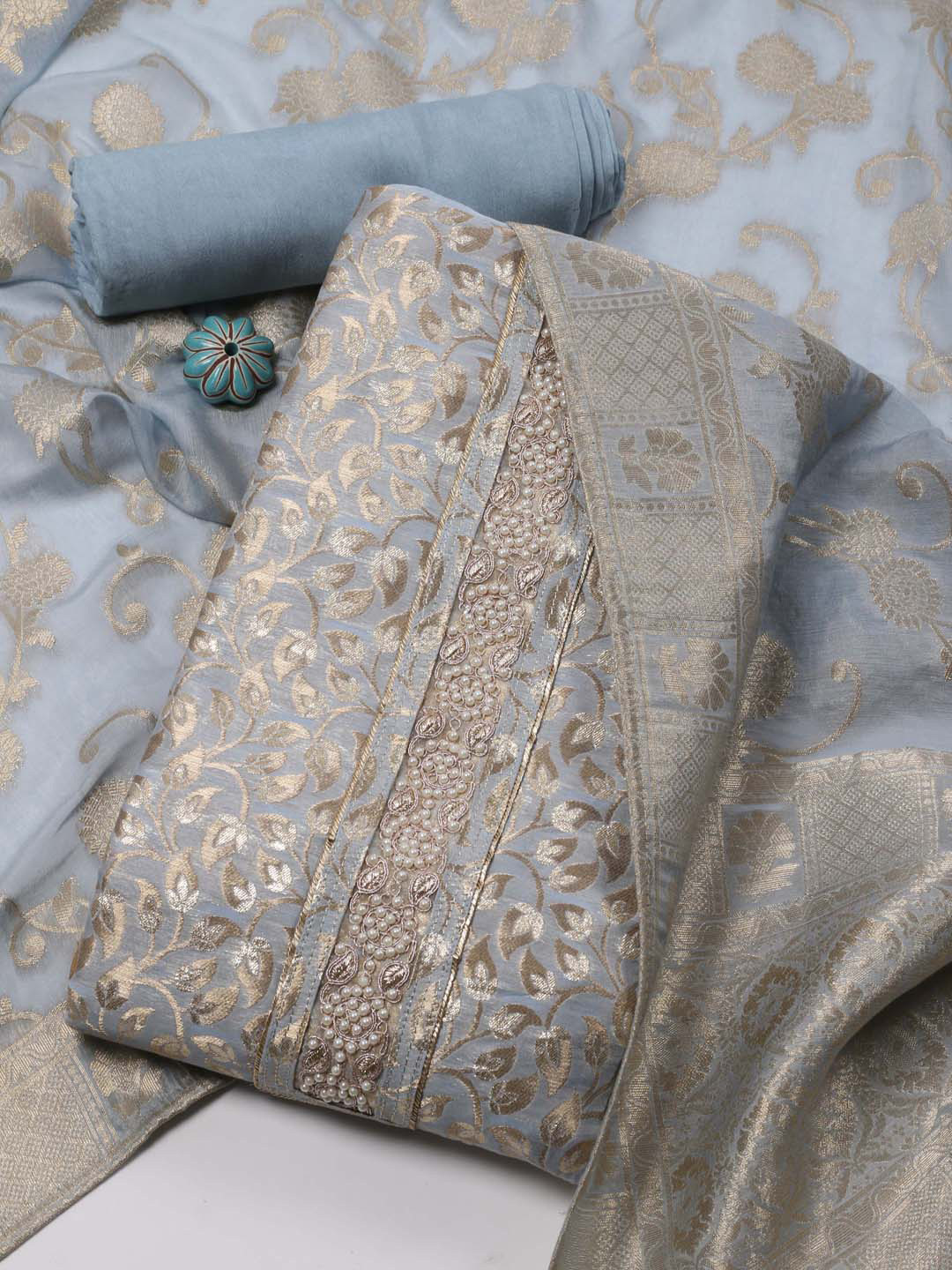 

Meena Bazaar Ethnic Motif Woven Design Zari Unstitched Dress Material, Grey