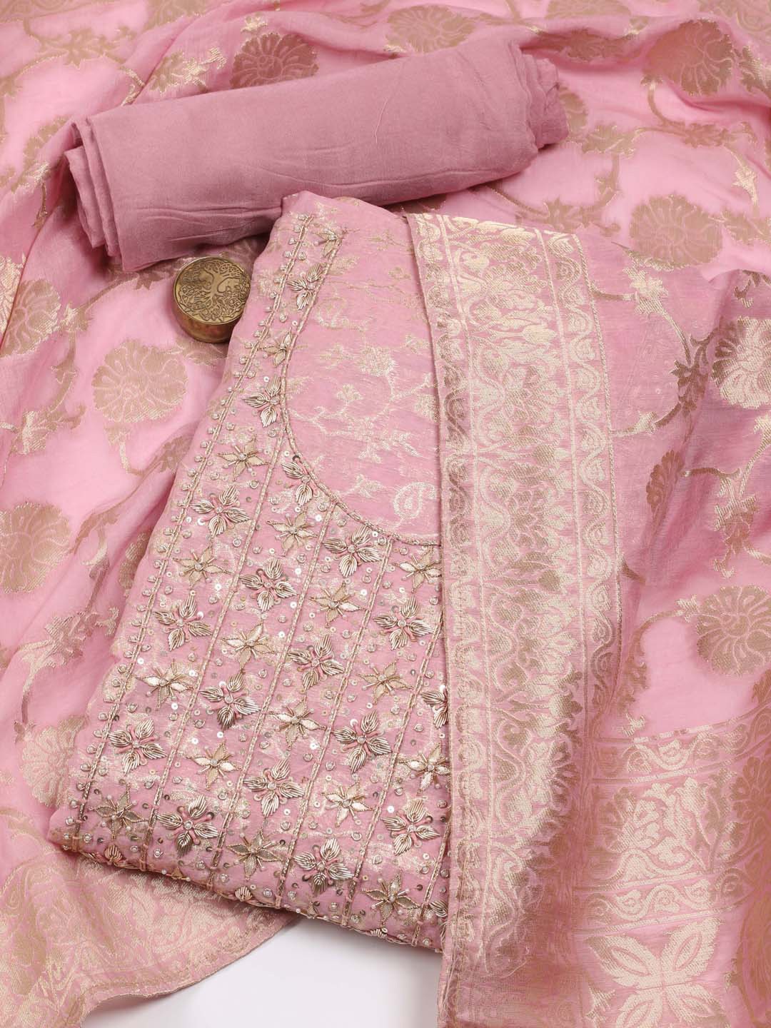 

Meena Bazaar Floral Woven Design Beads and Stones Unstitched Dress Material, Pink