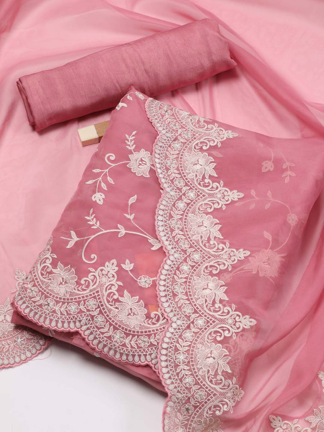 

Meena Bazaar Floral Embroidered Thread Work Organza Unstitched Dress Material, Pink