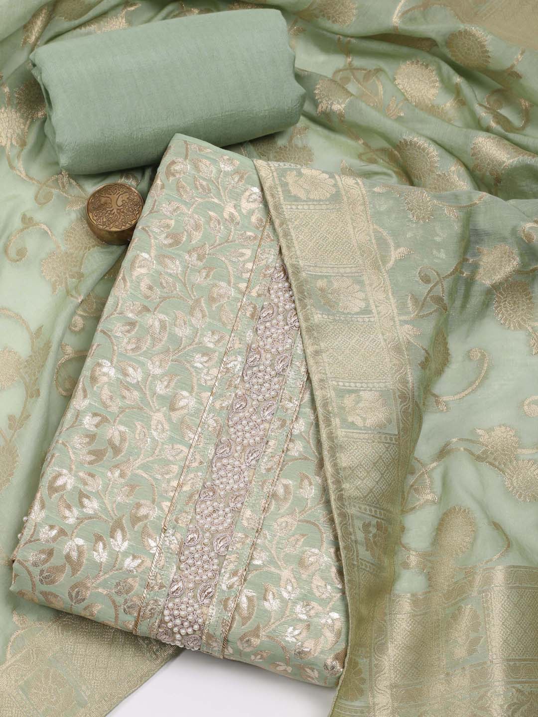 

Meena Bazaar Ethnic Motif Woven Design Zari Unstitched Dress Material, Green