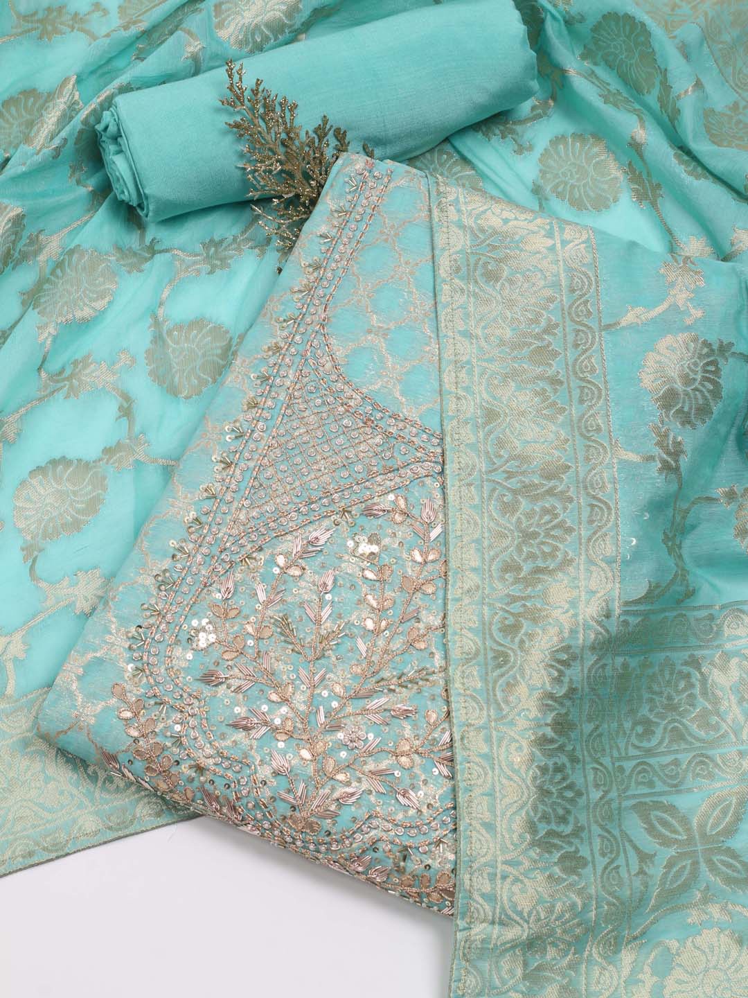 

Meena Bazaar Ethnic Motif Woven Design Zari Unstitched Dress Material, Blue