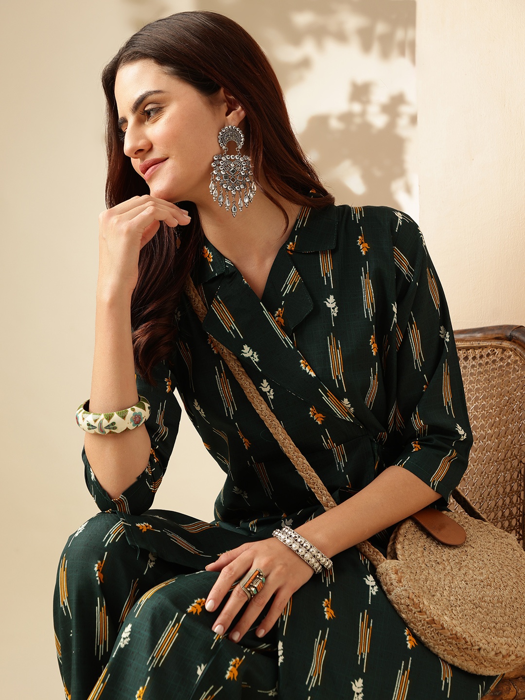 

Anouk Floral Printed Shawl Neck Co-Ords Sets with Palazzo, Green
