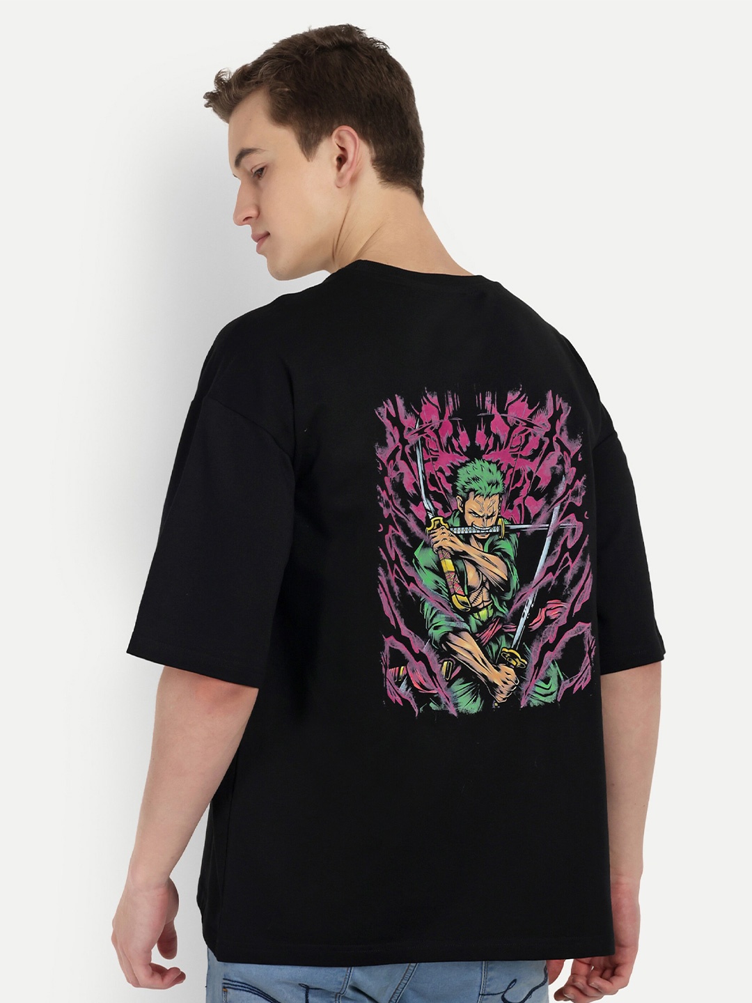 

BLURR Typography Printed Anime Zoro embroidery Tshirt, Black