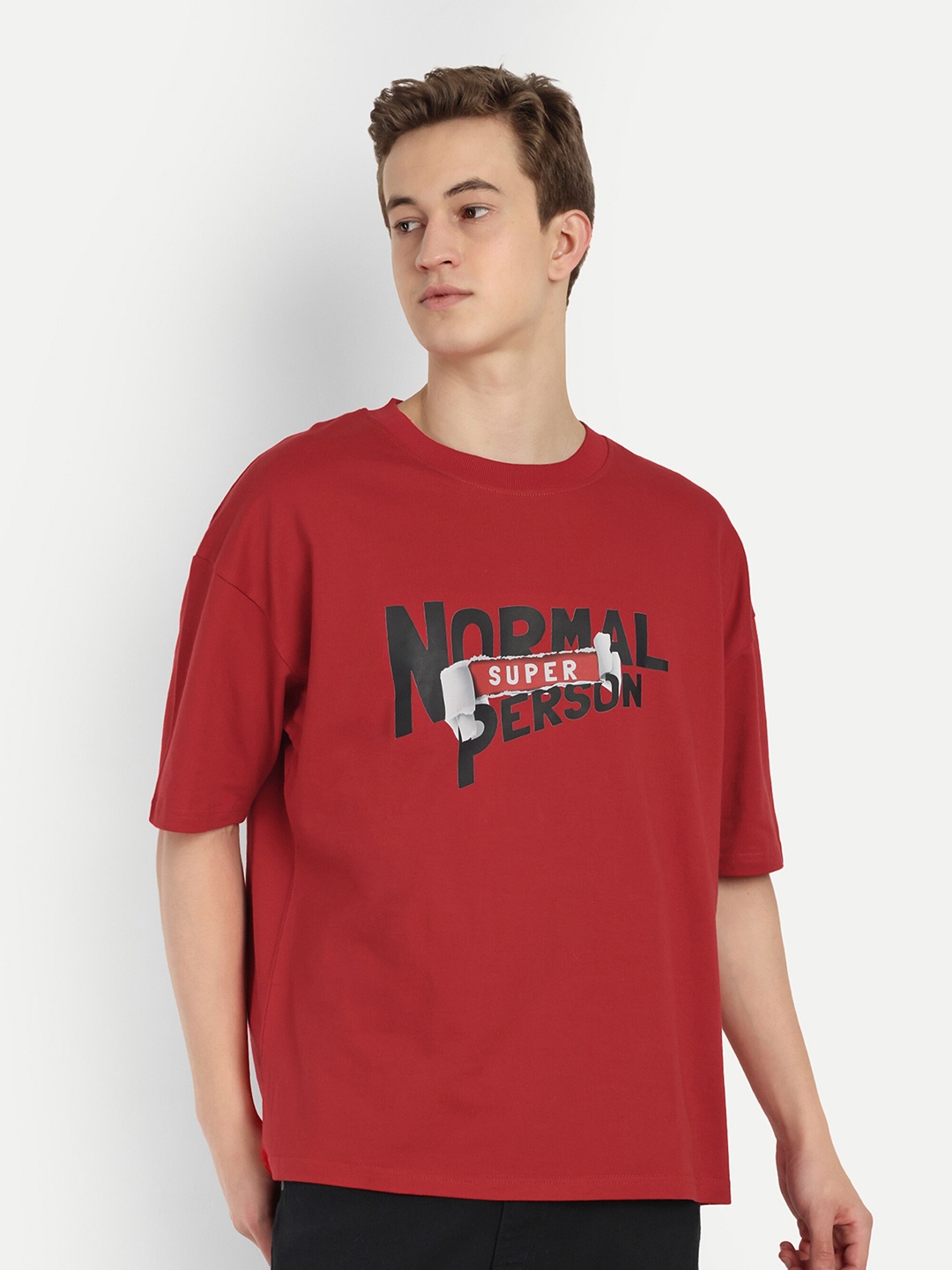 

BLURR Round Neck Drop-Shoulder Sleeves Typography Printed Oversize T-shirt, Red
