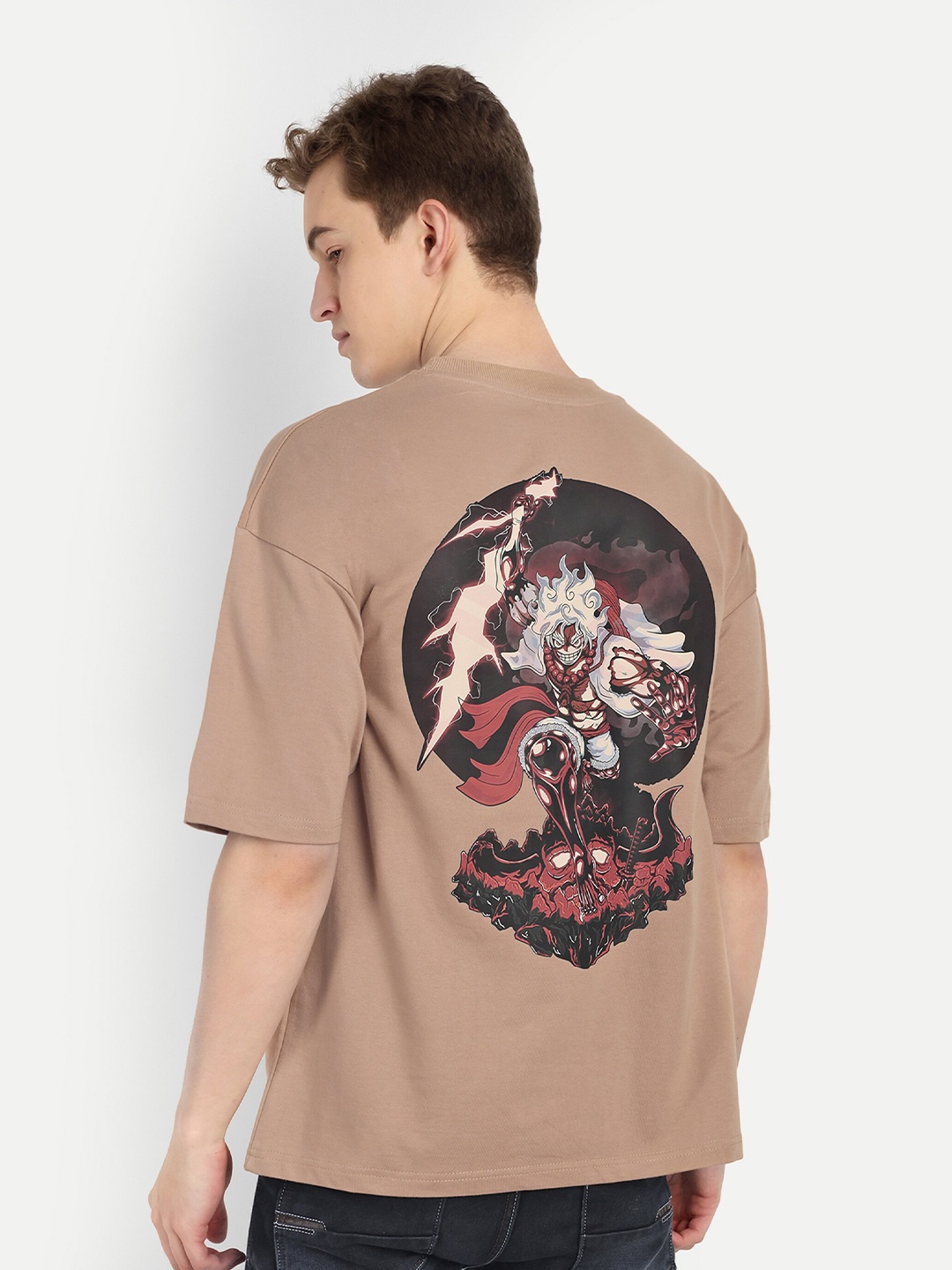 

BLURR Round Neck Short Sleeves Graphic Printed Cotton T-shirt, Beige