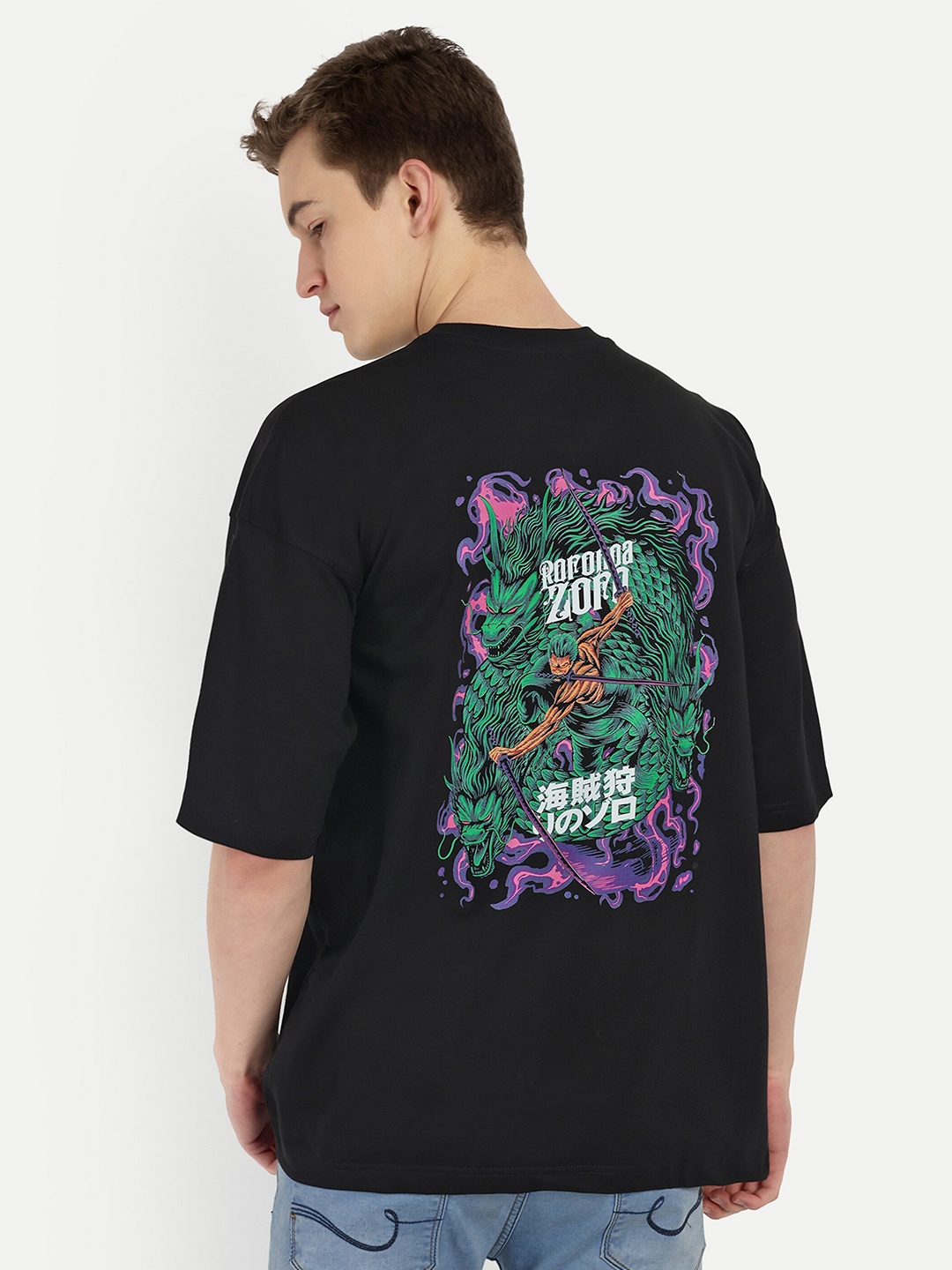 

BLURR Round Neck Drop-Shoulder Sleeves Graphic Printed Cotton T-shirt, Black
