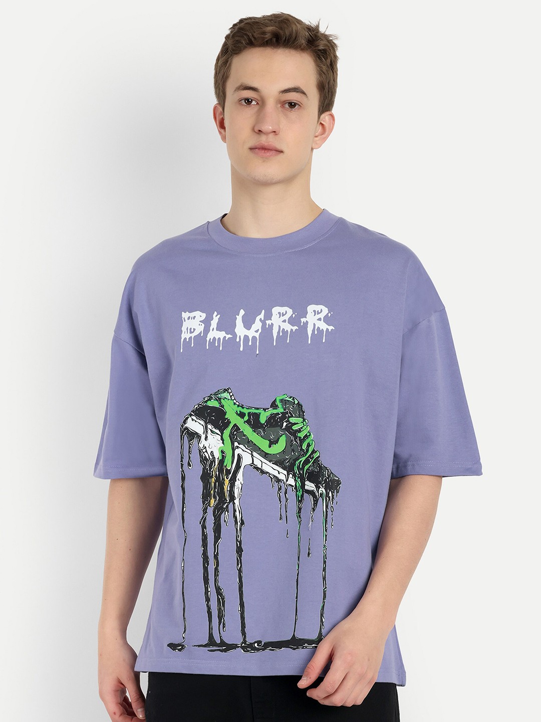 

BLURR Round Neck Drop-Shoulder Sleeves Graphic Printed Cotton T-shirt, Lavender
