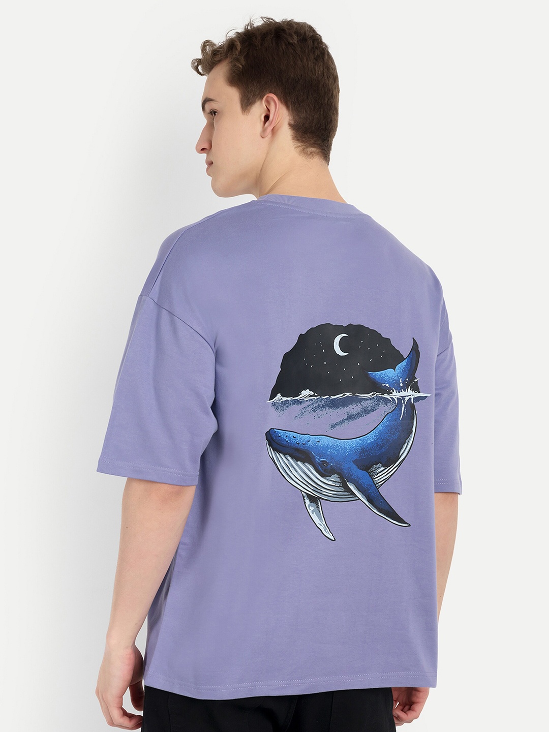 

BLURR Round Neck Drop-Shoulder Sleeves Graphic Printed Cotton T-shirt, Purple