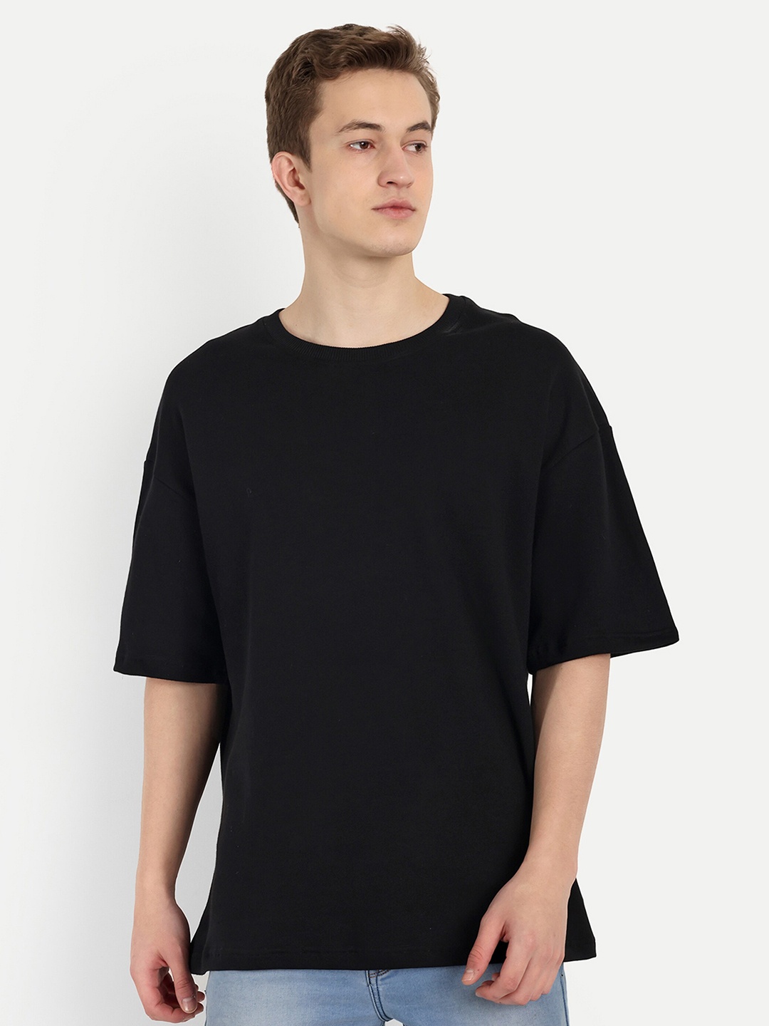 

BLURR Round Neck Drop-Shoulder Sleeves Cotton T-shirt, Black