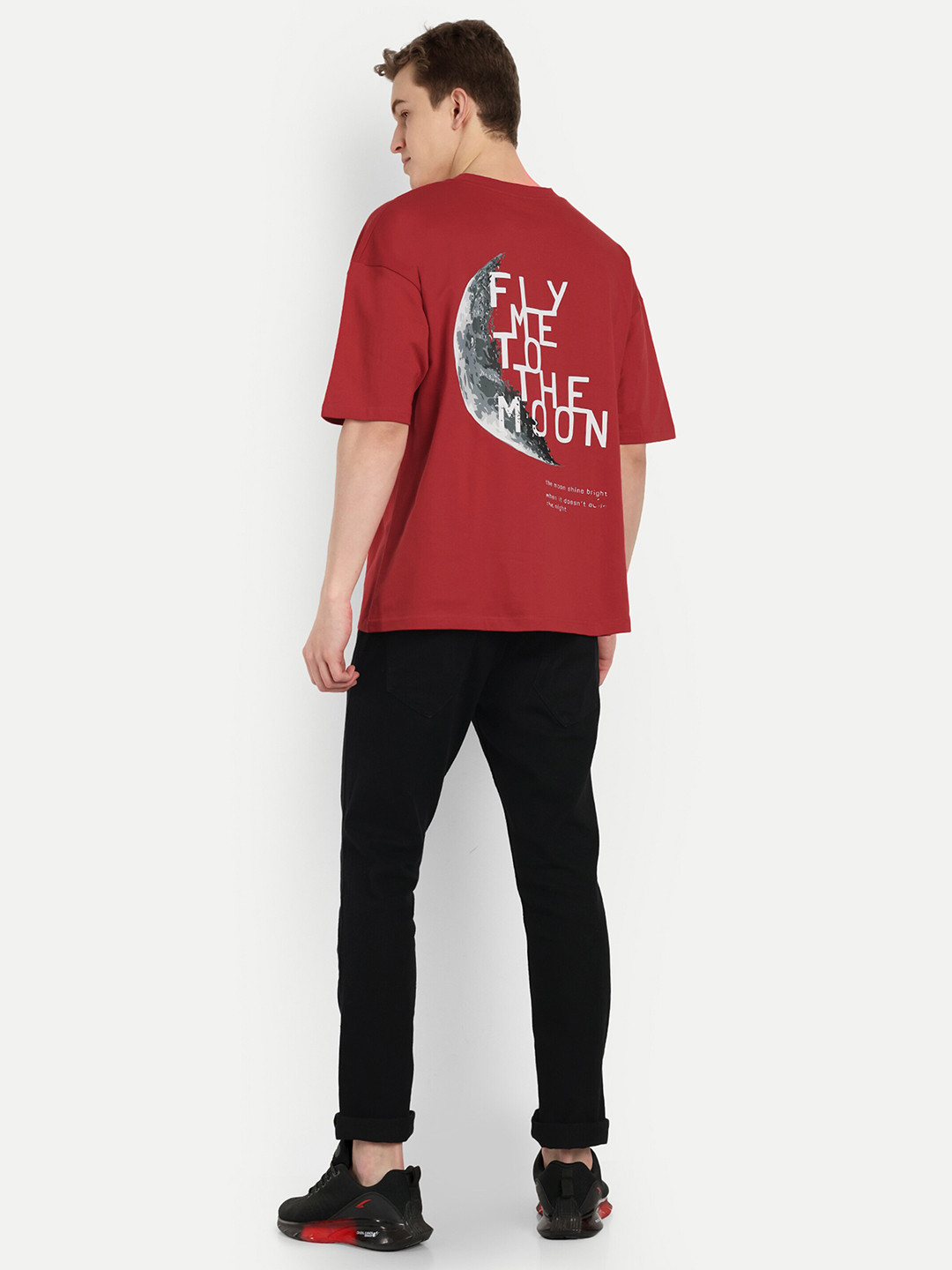 

BLURR Round Neck Drop-Shoulder Sleeves Typography Printed Cotton T-shirt, Red