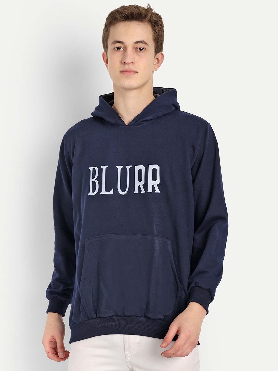 

BLURR Alphanumeric Cotton Hooded Front-Open Straight Sweatshirt, Navy blue