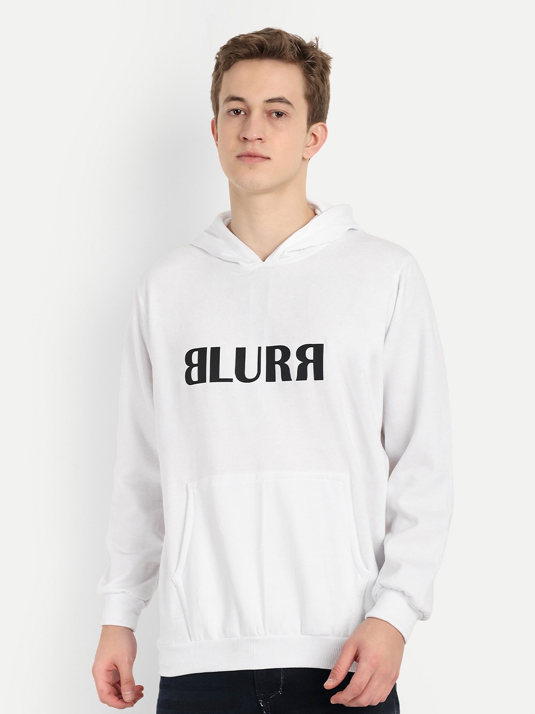 

BLURR Alphanumeric Cotton Hooded Front-Open Straight Sweatshirt, White