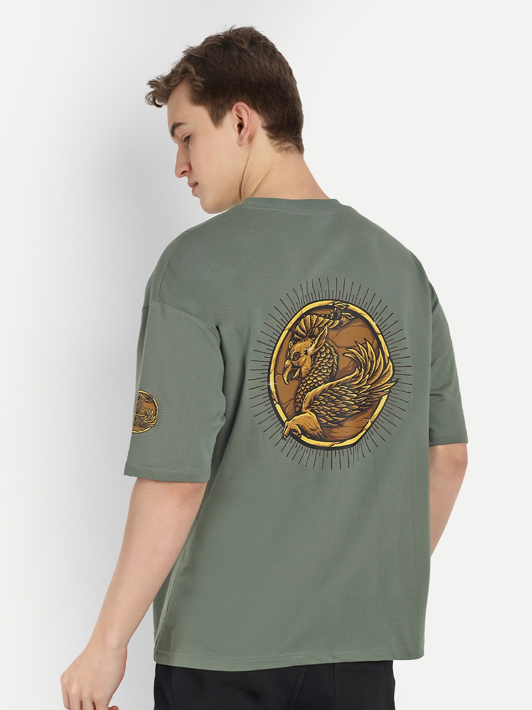 

BLURR Round Neck Graphic Printed Drop-Shoulder Sleeves Cotton T-shirt, Green