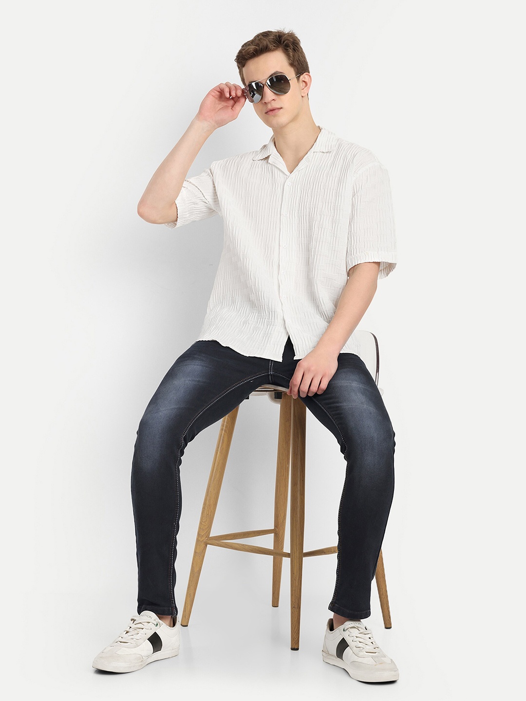 

BLURR Comfort Grid Tattersall Checked Slim Collar Short Sleeves Cotton Casual Shirt, White