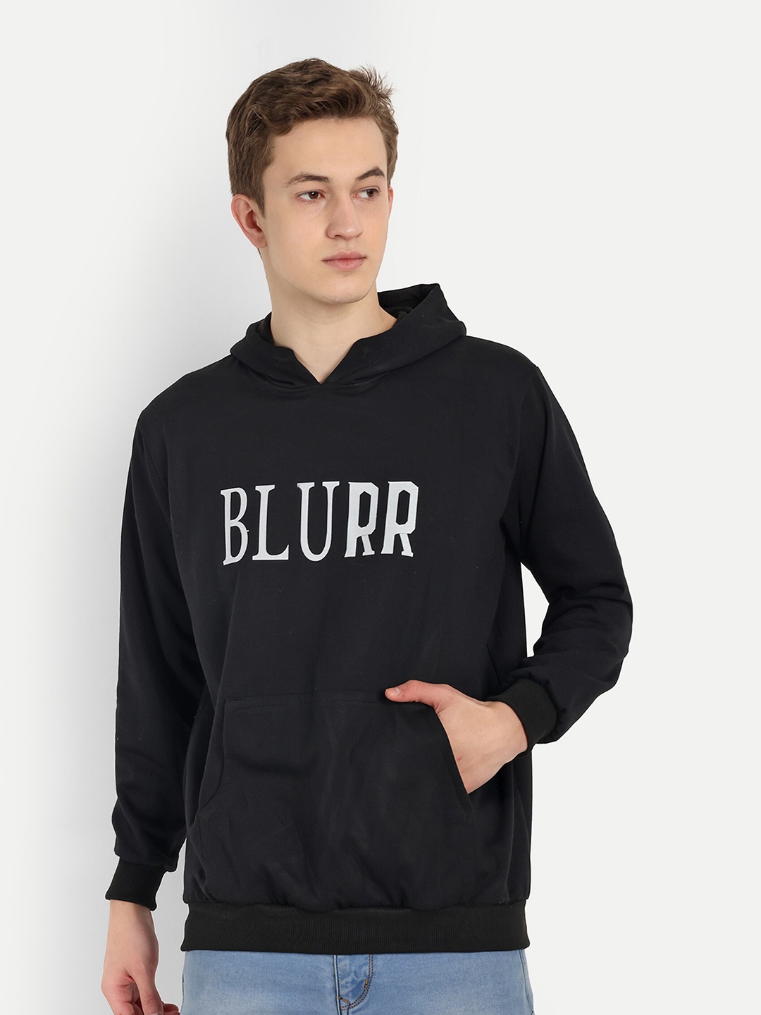 

BLURR Alphanumeric Cotton Hooded Front-Open Straight Sweatshirt, Black