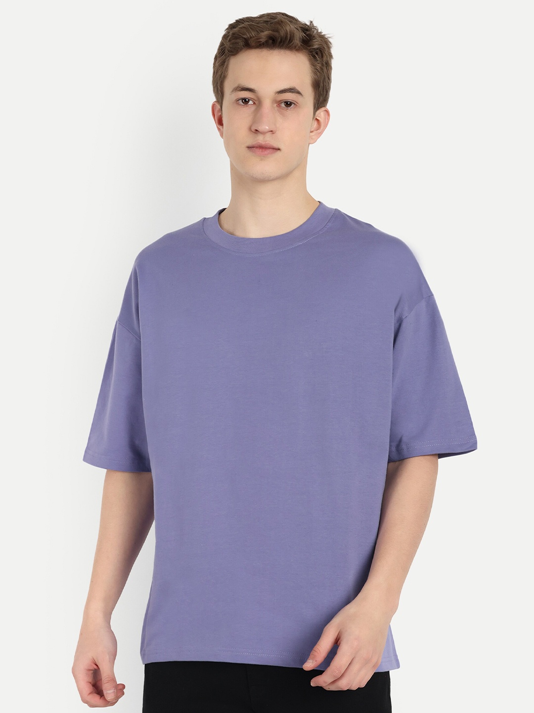 

BLURR Round Neck Drop-Shoulder Sleeves Cotton T-shirt, Blue