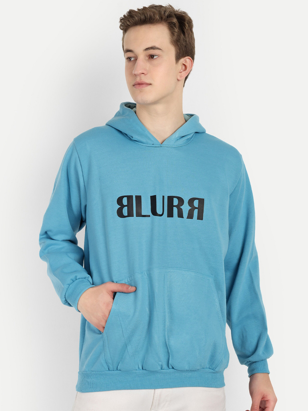 

BLURR Printed Long Sleeves Kangaroo Pocket Cotton Hooded Sweatshirt, Blue
