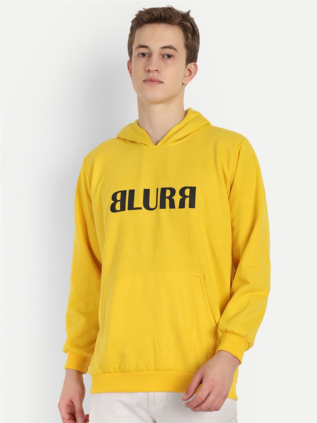 

BLURR Printed Long Sleeves Kangaroo Pocket Cotton Hooded Sweatshirt, Yellow