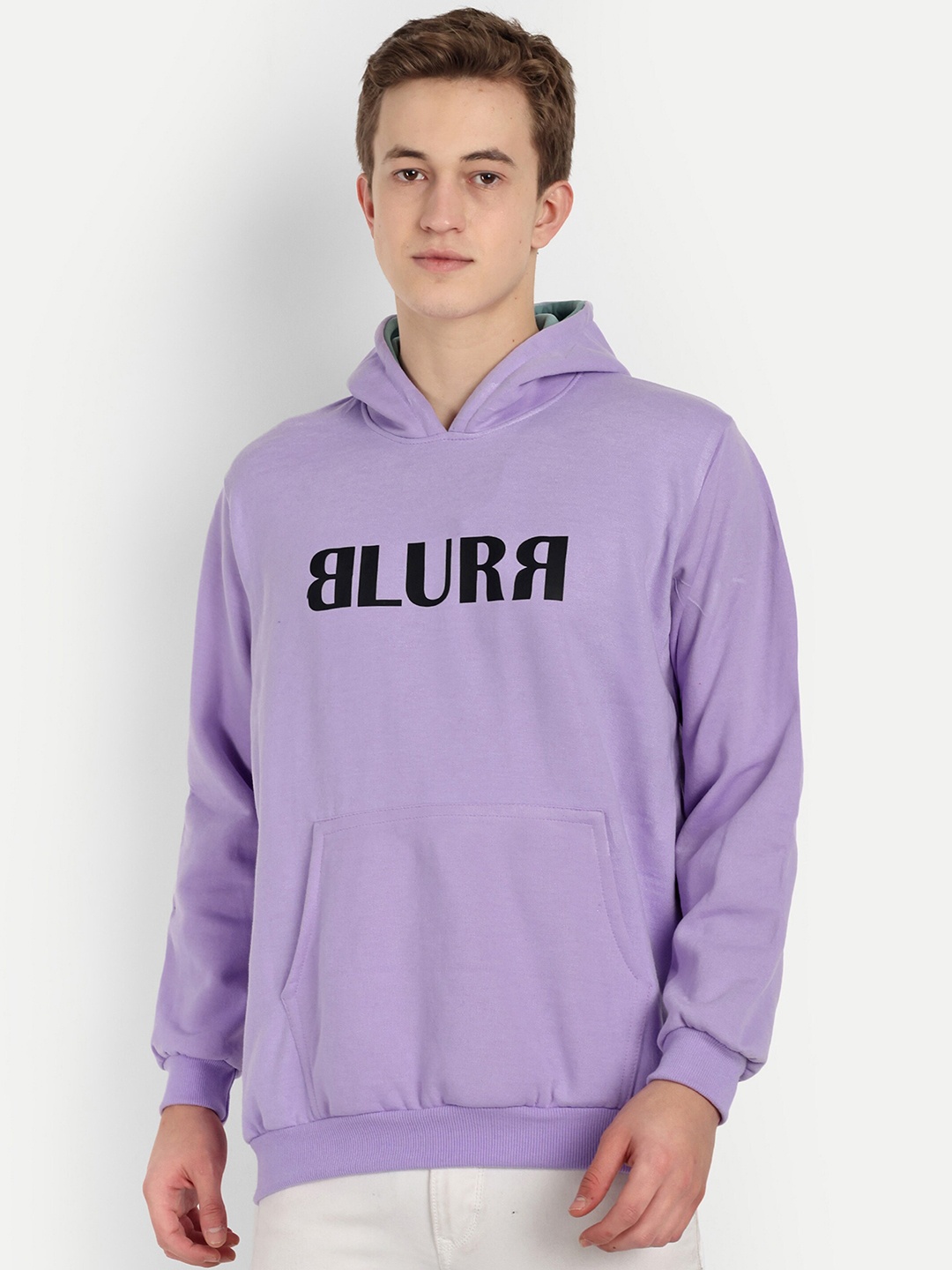 

BLURR Printed Long Sleeves Kangaroo Pocket Cotton Hooded Sweatshirt, Lavender