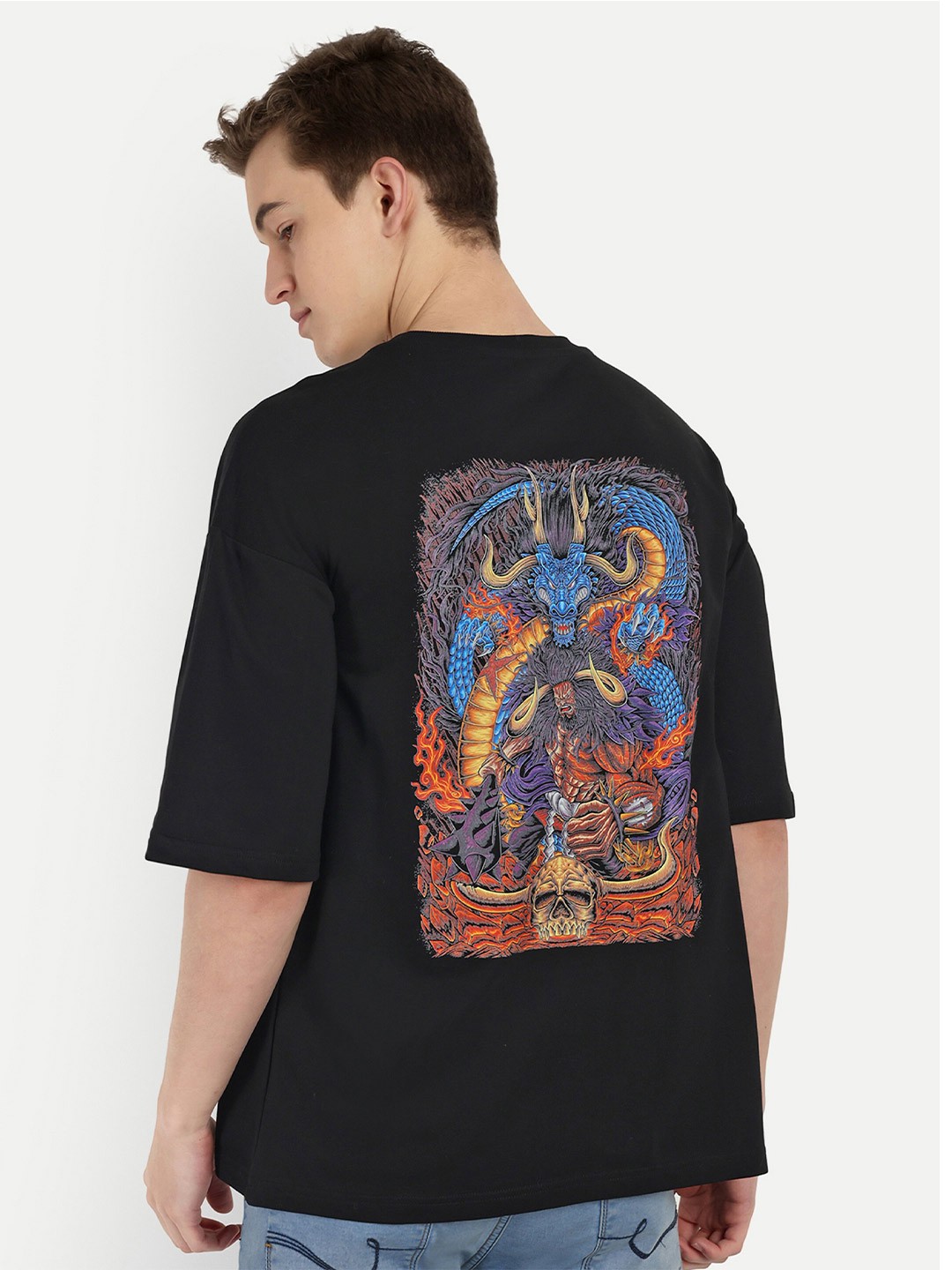 

BLURR Round Neck Drop-Shoulder Sleeves Typography Printed Embroidered Cotton T-shirt, Black