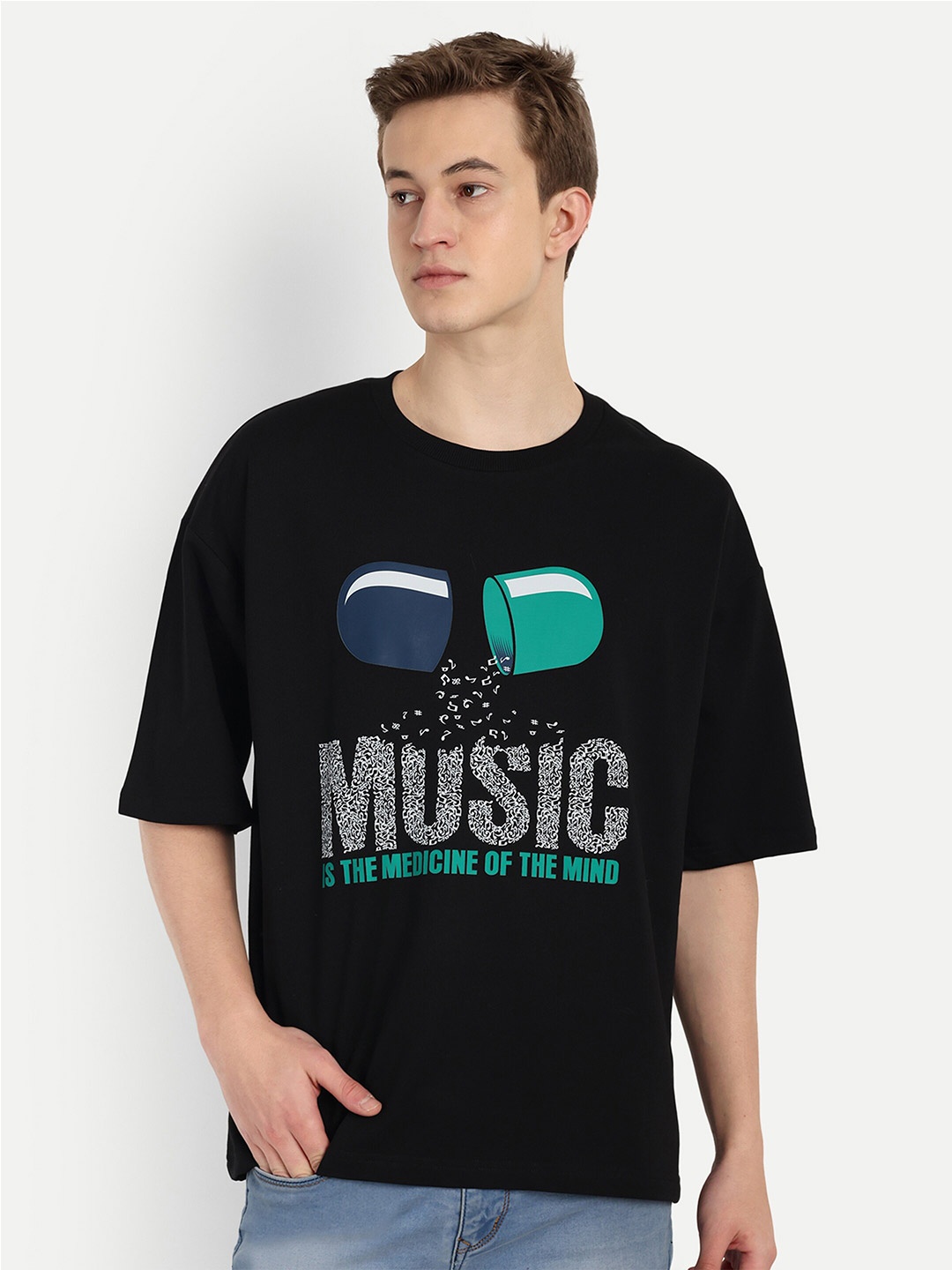 BLURR Typography Printed Cotton T-shirt, Black