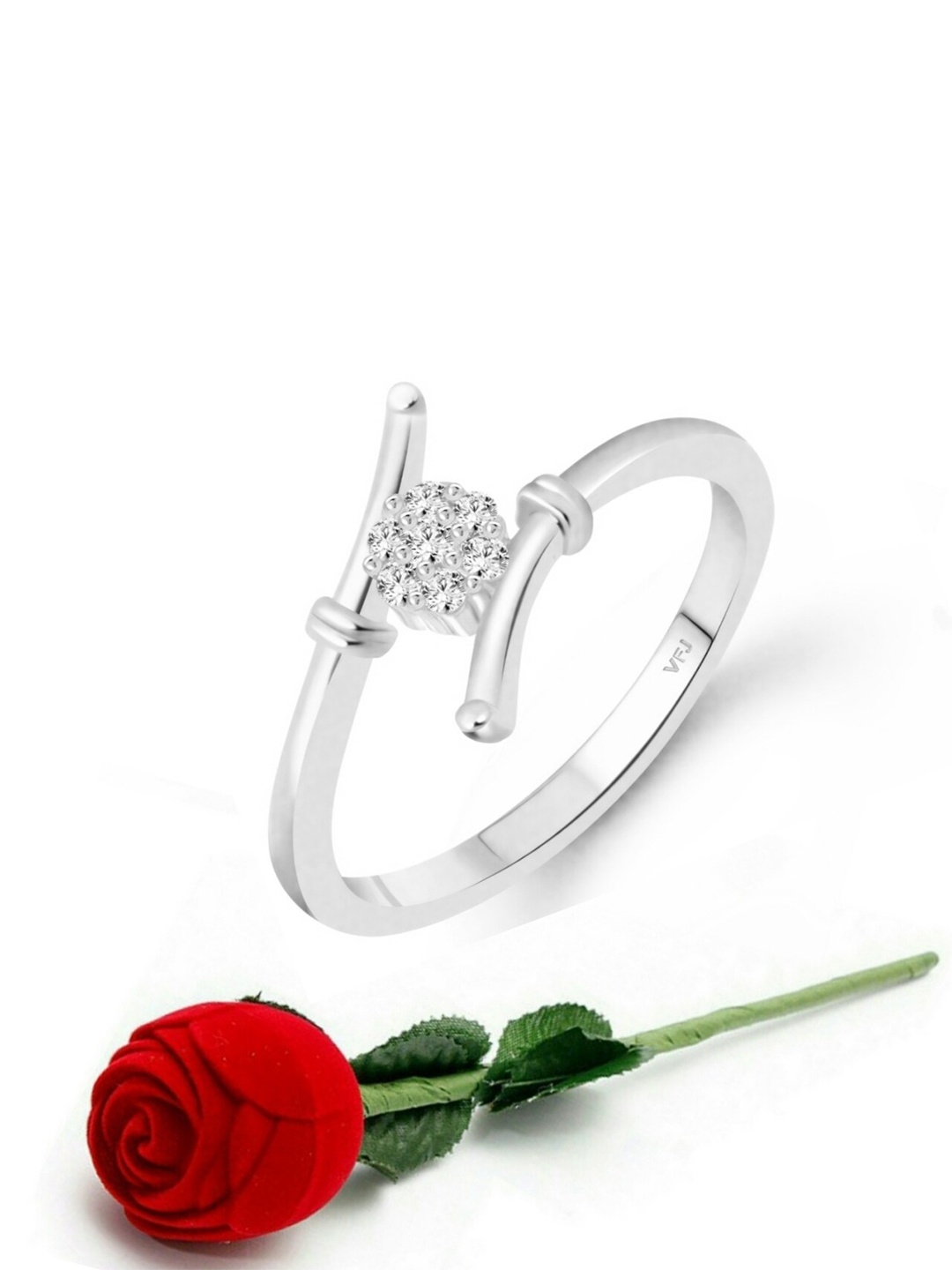 

Vighnaharta Rhodium Plated CZ Studded Finger Ring With Rose Box, Silver