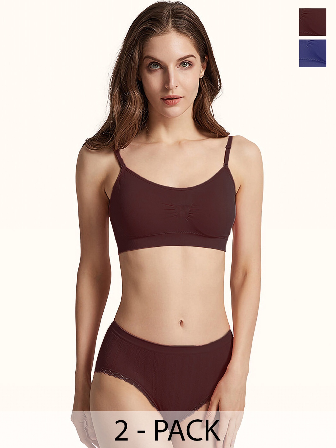 PIBU Pack Of 2 Mid-Rise Cotton Lingerie Set, Maroon